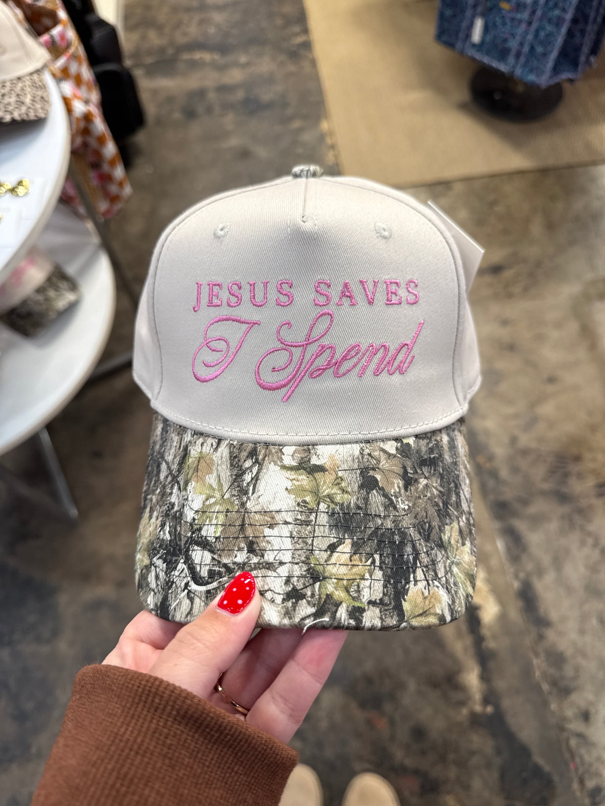 Jesus Saves I Spend Hat - Camo/Tan