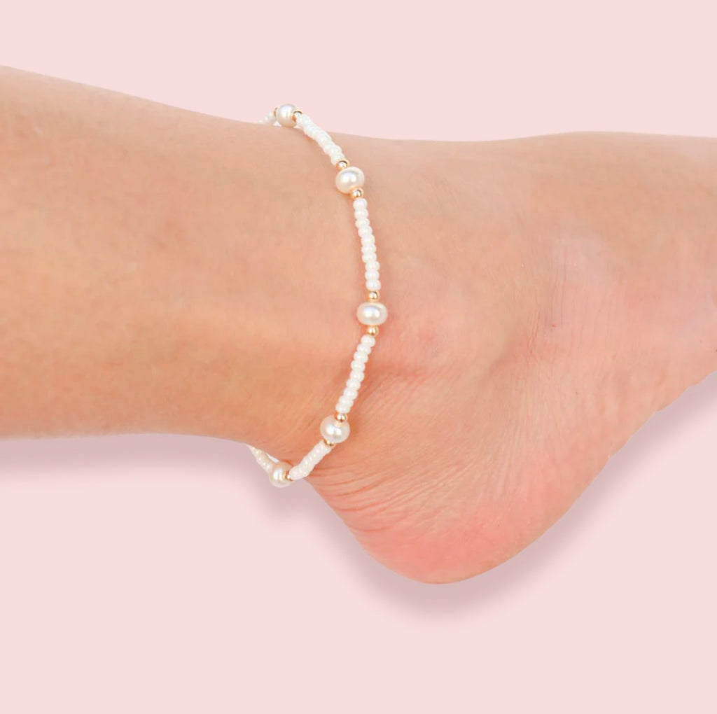 Beaded Blonde - White Pearl Anklet