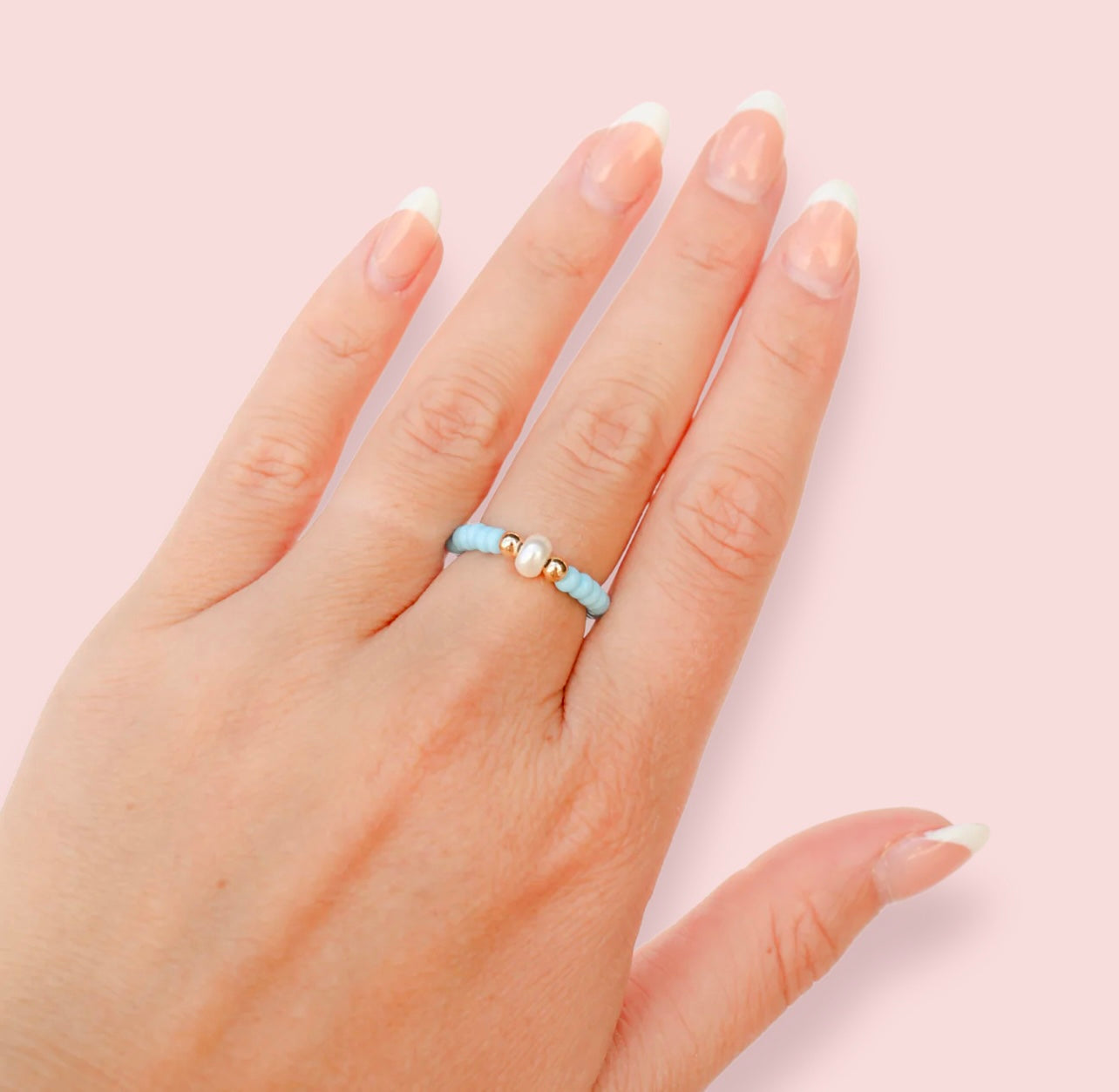 Beaded Blonde - Pastel Blue Pearl Ring