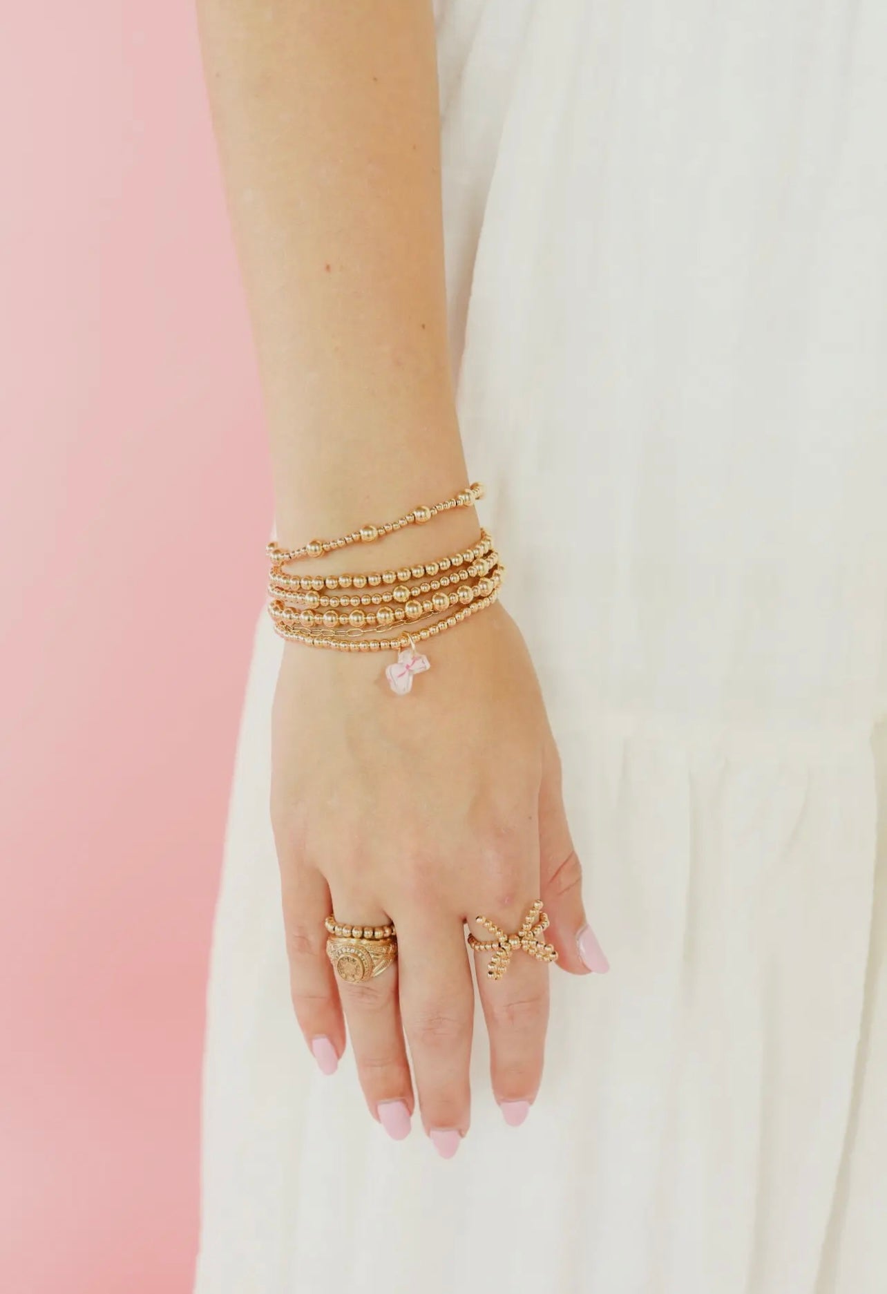 Beaded Blonde - Pink Bow Charm Bracelet