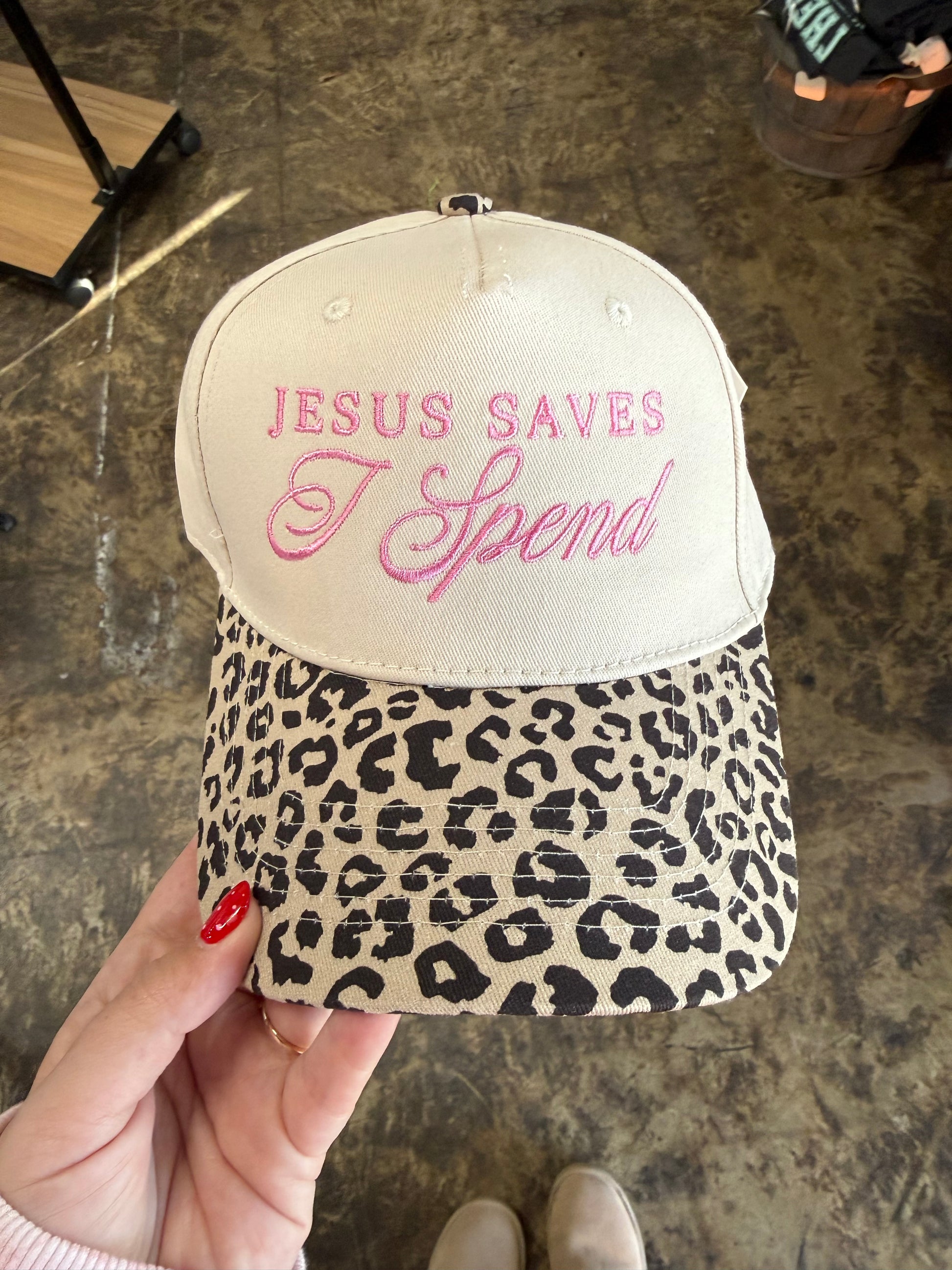 Jesus Saves I Spend Hat - Leopard/Tan