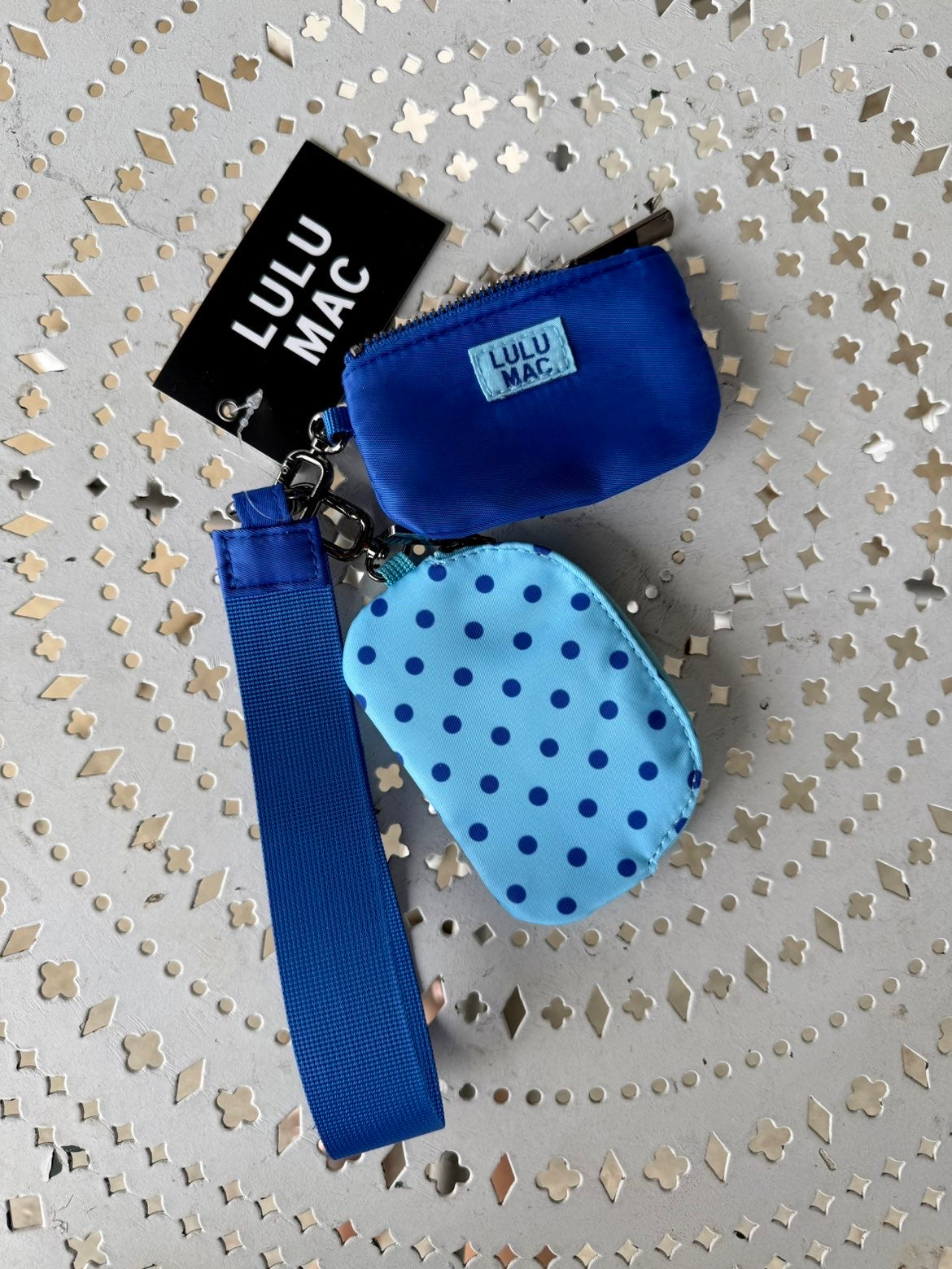Lulu Mac Double Pouch Wristlet - Blue/Navy Polka Dot