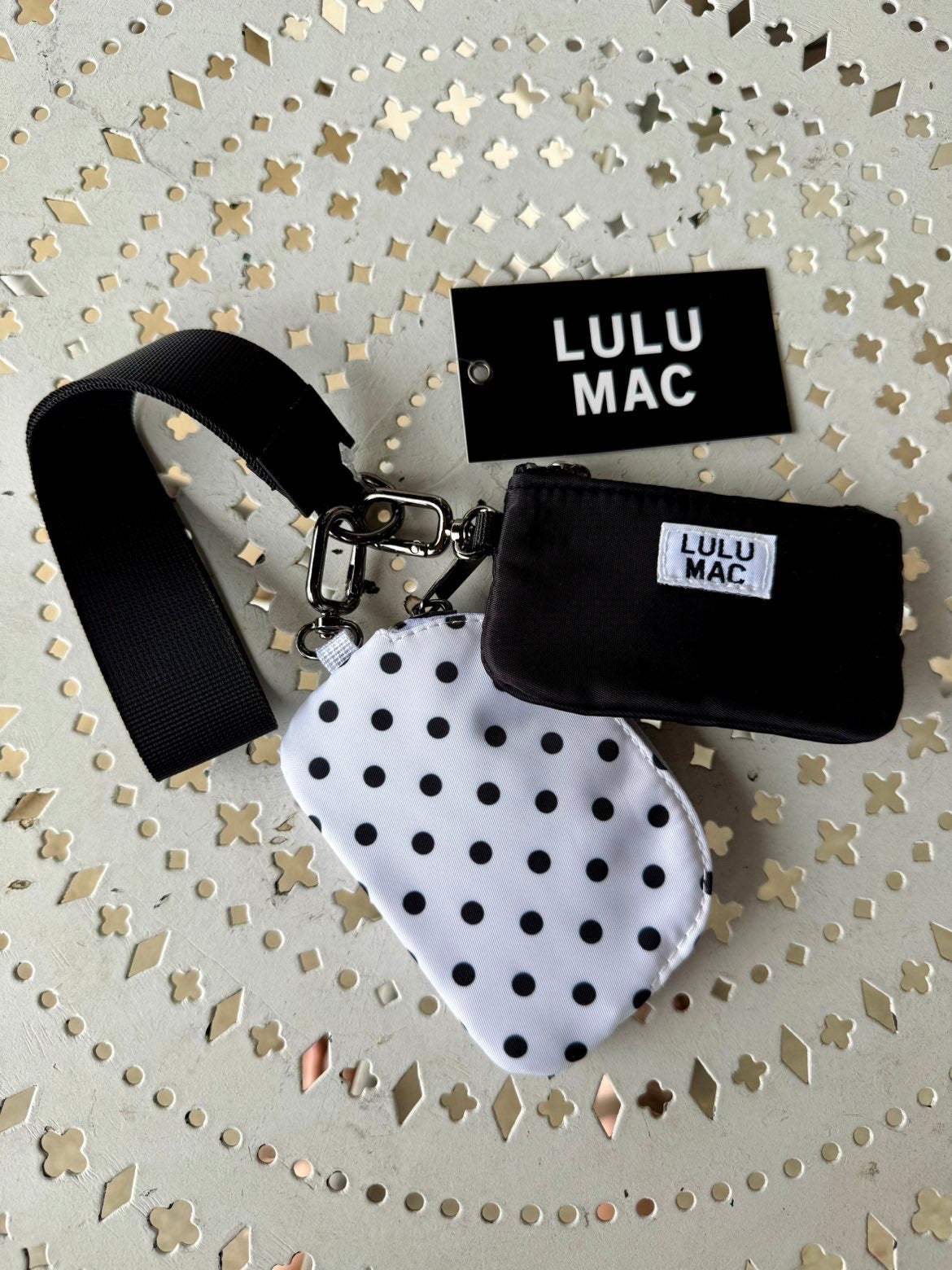 Lulu Mac Double Pouch Wristlet - White/Black Polka Dot