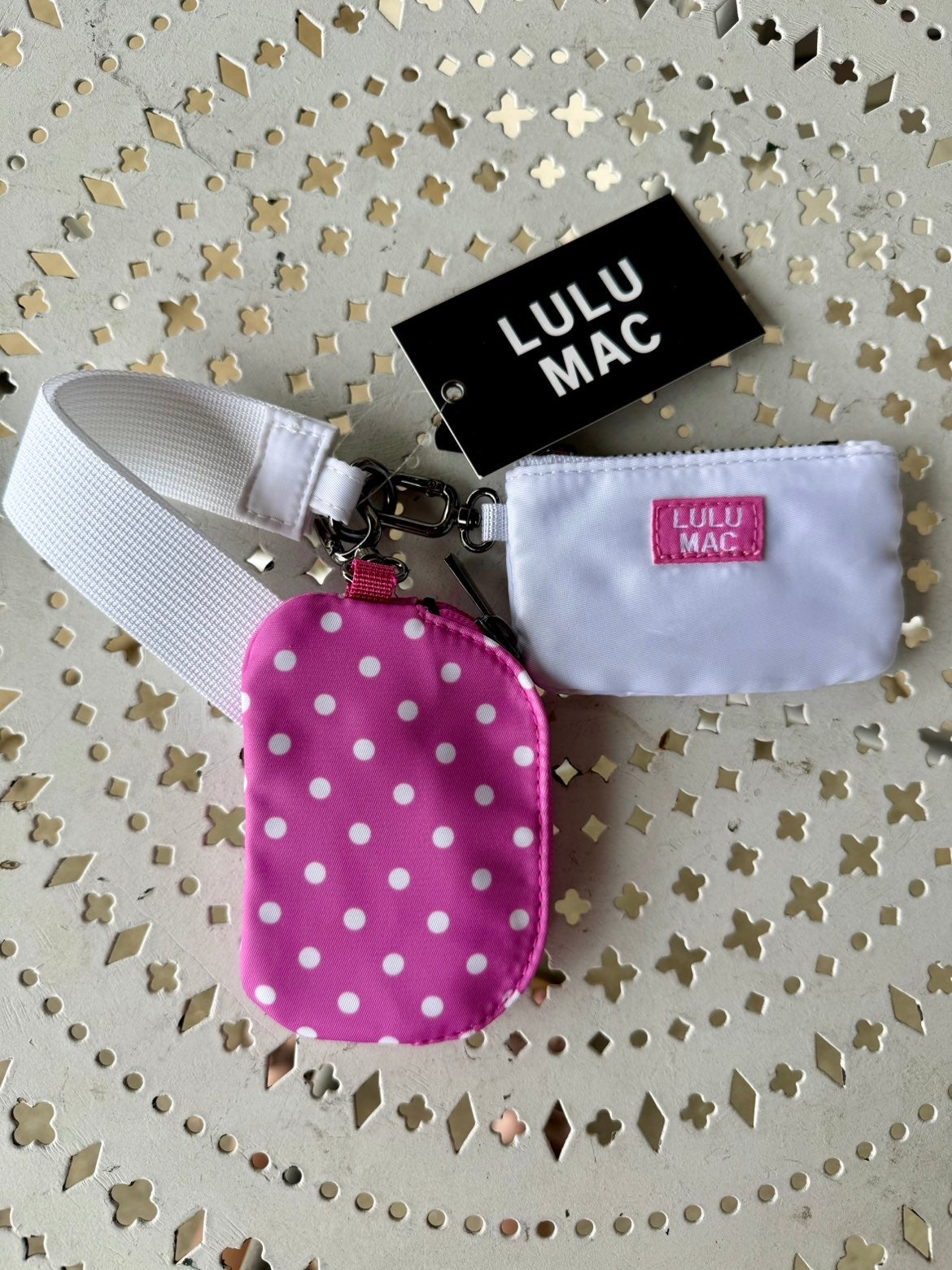 Lulu Mac Double Pouch Wristlet - Pink/White Polka Dot