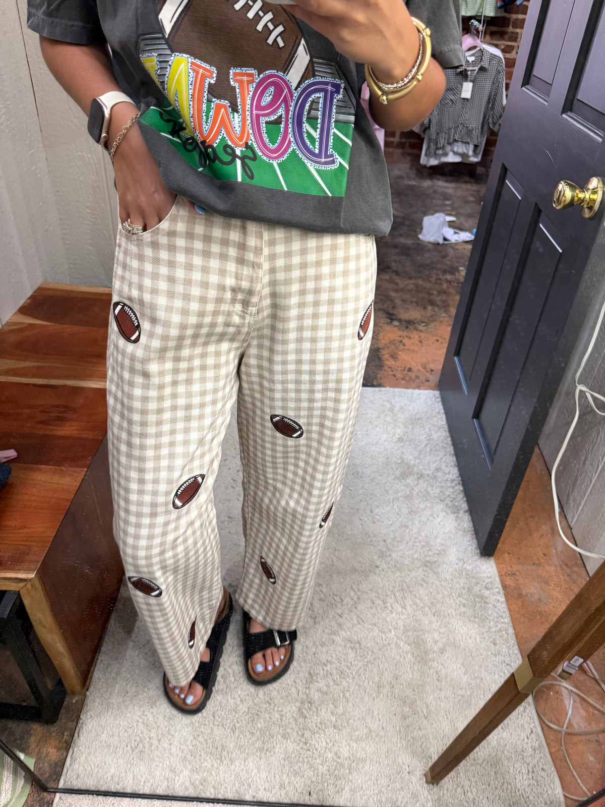 Football Patches Gingham Barrel Pants